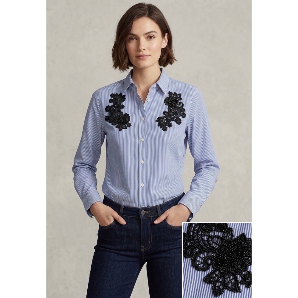 Lauren Ralph Lauren Blue White Pinstripe Beaded Lace Floral Button Down Shirt L